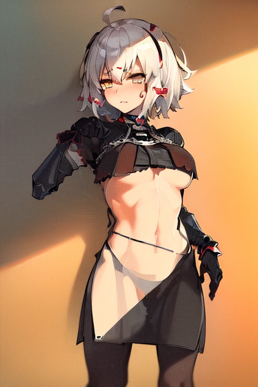 (best quality,4k,8k,highres,masterpiece:1:2), jeanne d'arc alter, female masturbation, blush, sweat, steam, black ripped pantyhose, medium breasts, fingering own pussy, cum,