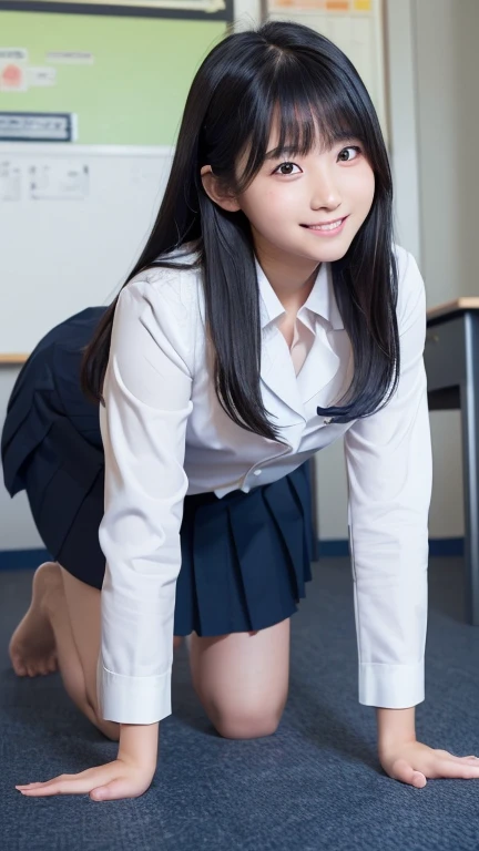 (((Rear angle)),((On all fours)),(from below:1.1),((Highest quality)),((最high resolution)),((high resolution)),((detailed)),((High definition)),((8K)),((Perfect body)),((Perfect Face)),((Realistic)),((Real)),((Realistic)),((Beauty)),((Shiny Hair)),((Glowing Skin)),((Very white skin)),((Jet Black Hair)),((Navy blue school uniform)),((classroom)),(all fours),beautiful girl、Long Hair、Embarrassed look、((Blushing)),Dark navy blue skirt、Very white shirt、dark blue blazer、Thick thighs、smile、barefoot