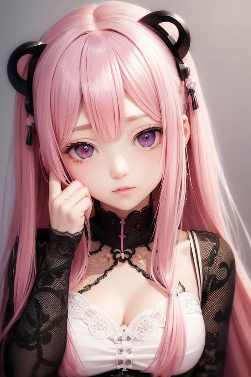 High quality、Perfect Anatomy、Perfect human anatomy、Perfect balance、Pink Hair ,  Super Real Anime, Cute realistic portrait, Photorealistic,  Cute girl rendering, Very cute girl face, slightly smaller eyes、Oculus、Plump lips、White porcelain skin、Those pitch black eyes that draw you in、