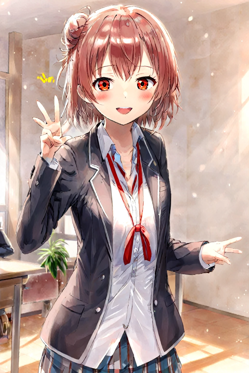 yuigahama yui,red eyes,blazer,smile,indoors,hand up,