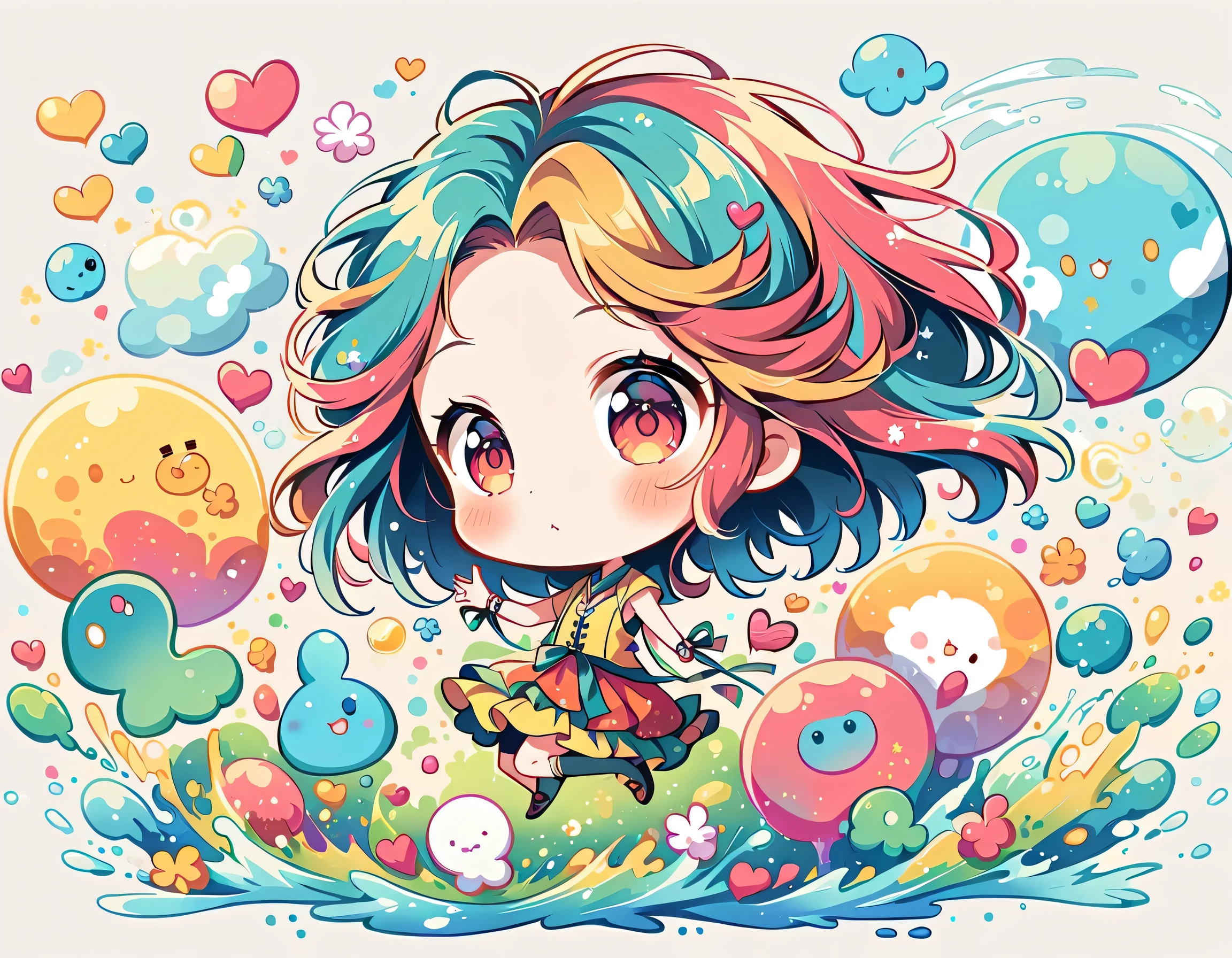 Mai Yoneyama style, Simple Line Initialism，Abstract art，Urban Background, colorful hearts ,(((The most beautiful girl of all time))), (((chibi))), (((Cute amoeba))), Water Play