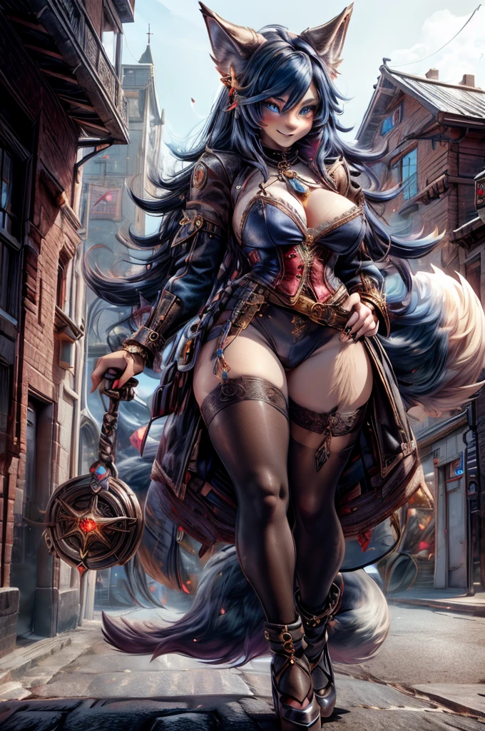 woman, hairy woman, wolf woman, full body portrait, full fur, magic fur, full tail, big tail, magic tail, magic hair, long hair, bushy hair, hair, hair with a brooch ;gear ), almond-shaped eyes, blue eyes, Shy smile, charming face, red cheek, long dress (dark blue color in steampunk style), worn tights, Black tights, Heeled shoe, steampunk shoe, background with steampunk city ( a femme wolf this walk in the city), many people in the street