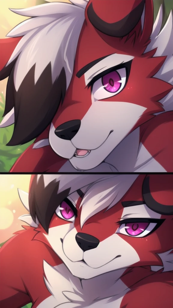 By zinfyuu on pixiv,by twistedscarlet60, uploaded on pixiv, by fluff-kevlar, (masterpiece), (best quality), (anthro furry:1.3, snout:1.2, anthro:1.3, furry:1.2, solo female:1.2),(detailed eye, pink eye),BREAK,pokemon, lycanroc, lycanroc midnight,nude, sfw ,:o, kiss me, close up camera angle