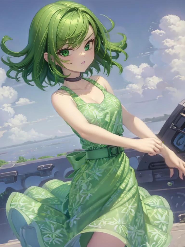 1girl, solo, beautiful girl, green skin, green eyes, big eyes, long eyelashes, green hair, short hair, shiny hair, medium breasts, green dress, apron dress, floral print dress, green belt, purple scarf, green leggins, looking at viewer, bare arms, bare shoulders, disgust face, narrow waist, big butt, covered nipples, violet lips, lip gloss, perfect hands, perfect anatomy,