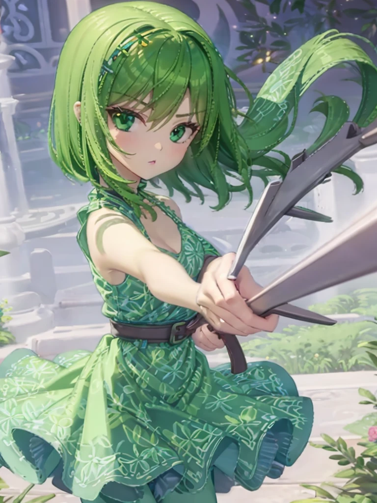 1girl, solo, beautiful girl, green skin, green eyes, big eyes, long eyelashes, green hair, short hair, shiny hair, medium breasts, green dress, apron dress, floral print dress, green belt, purple scarf, green leggins, looking at viewer, bare arms, bare shoulders, disgust face, narrow waist, big butt, covered nipples, violet lips, lip gloss, perfect hands, perfect anatomy,