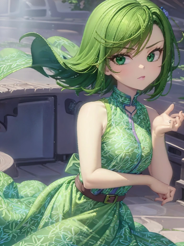 1girl, solo, beautiful girl, green skin, green eyes, big eyes, long eyelashes, green hair, short hair, shiny hair, medium breasts, green dress, apron dress, floral print dress, green belt, purple scarf, green leggins, looking at viewer, bare arms, bare shoulders, disgust face, narrow waist, big butt, covered nipples, violet lips, lip gloss, perfect hands, perfect anatomy,