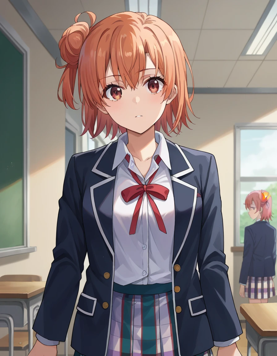 score_9, score_8_up, score_7_up, source_anime,
yuiyuigahama, yui yuigahama, short hair, brown eyes, orange hair, hair bun, single hair bun,
skirt, shirt, ribbon, , jacket, white shirt, black jacket, blazer, sobu high ,
indoors, classroom, hallway,
looking at viewer, dutch angle, cowboy shot,