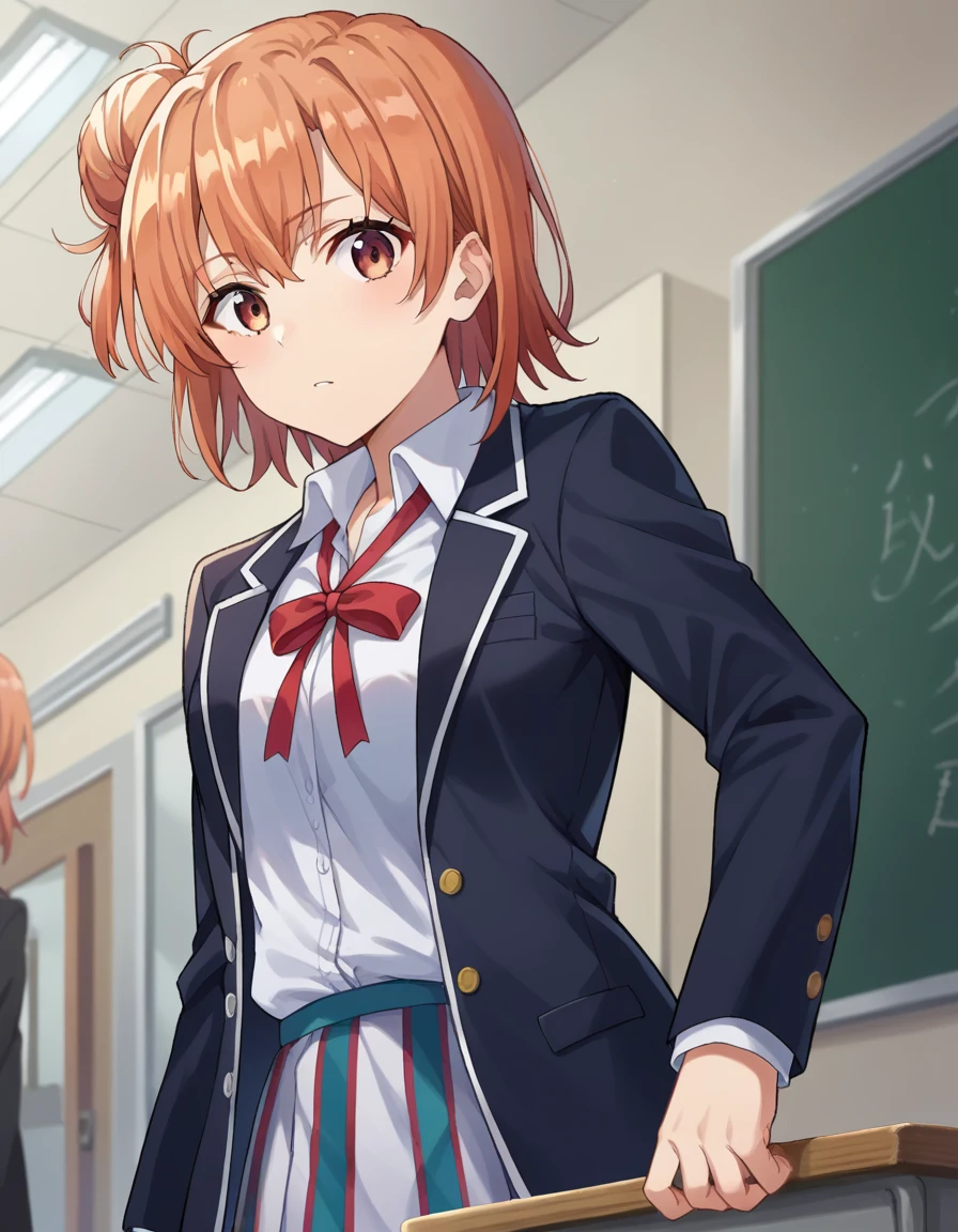 score_9, score_8_up, score_7_up, source_anime,
yuiyuigahama, yui yuigahama, short hair, brown eyes, orange hair, hair bun, single hair bun,
skirt, shirt, ribbon, , jacket, white shirt, black jacket, blazer, sobu high ,
indoors, classroom, hallway,
looking at viewer, dutch angle, cowboy shot,