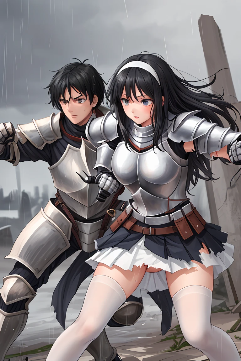 female knight　armor　tiara　Black Hair　Shortcuts　Torn white tights　battlefield　In combat　Holding back tears　No underwear　sisters apart in age　Height difference　heavy rain