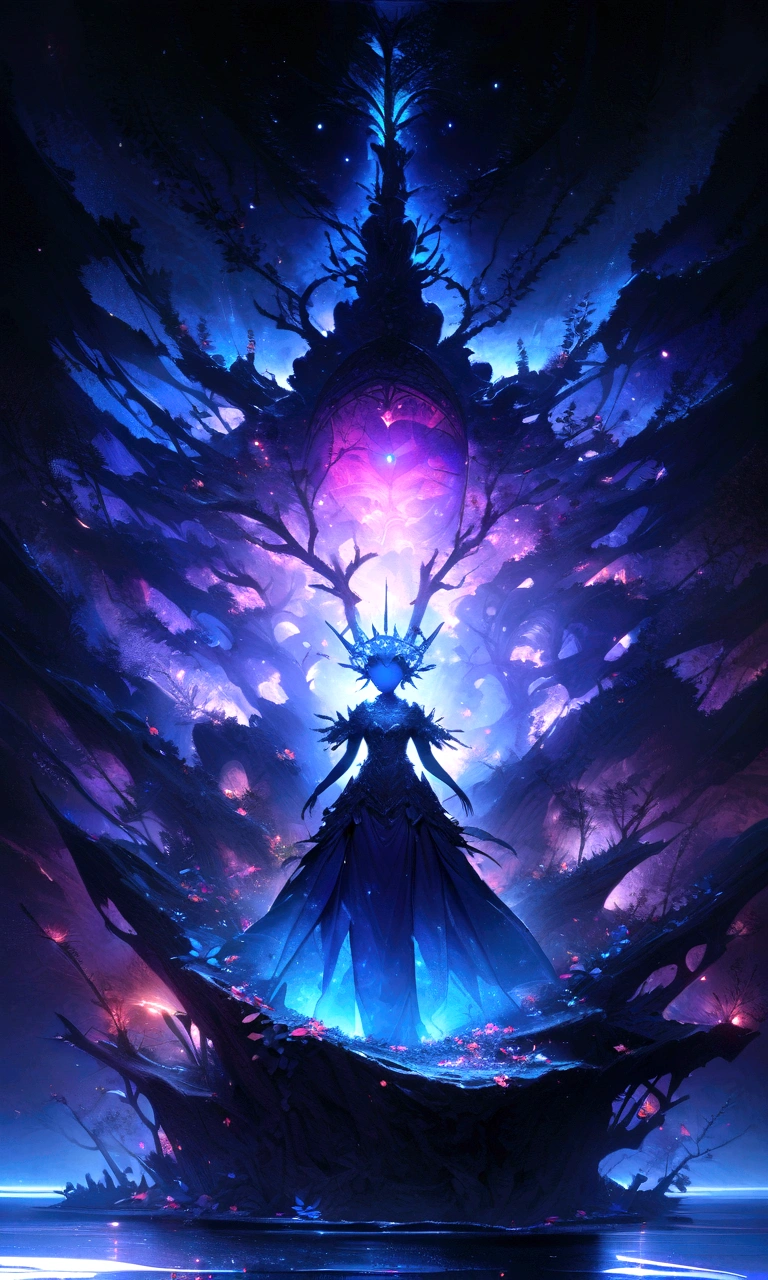 surrealist art breathtaking A stunning high quality photo of a mystical figure with a blue hue, adorned with an ornate headdress that resembles a blend of tree branches and flowers. The figure's eyes are strikingly red, and it extends its hands towards the viewer, creating an ethereal and captivating aura. The background is a deep blue, adding to the enchanting ambiance. The figure seems to be emerging from a body of water, with a silhouette of a person visible at the bottom.. award-winning, professional, highly detailed . dreamlike, mysterious, provocative, symbolic, intricate, detailed