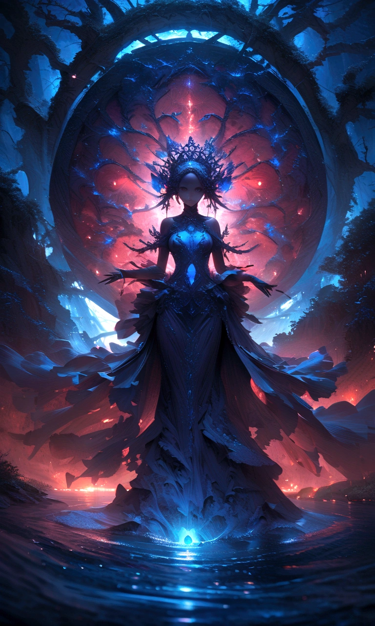 surrealist art breathtaking A stunning high quality photo of a mystical figure with a blue hue, adorned with an ornate headdress that resembles a blend of tree branches and flowers. The figure's eyes are strikingly red, and it extends its hands towards the viewer, creating an ethereal and captivating aura. The background is a deep blue, adding to the enchanting ambiance. The figure seems to be emerging from a body of water, with a silhouette of a person visible at the bottom.. award-winning, professional, highly detailed . dreamlike, mysterious, provocative, symbolic, intricate, detailed