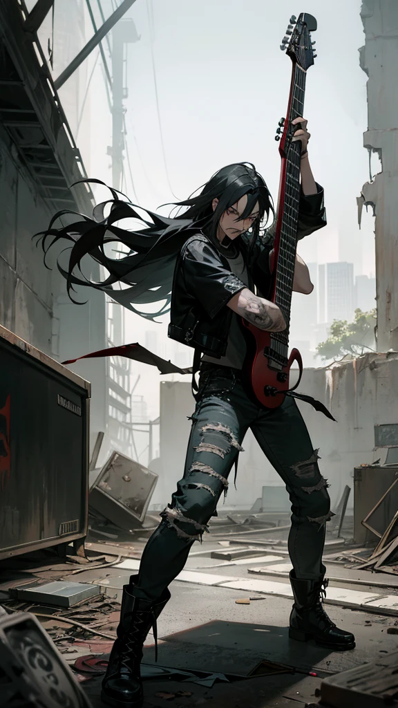 Capture a badass metal guy rocking out on his electric guitar in an abandoned building. He's dressed in classic metal attire—black leather jacket, band t-shirt, ripped jeans, and combat boots, with long hair and intense expression. The setting is a dilapidated, graffiti-covered building with broken windows and exposed brickwork, creating a gritty and raw atmosphere. The contrast between his powerful performance and the decayed surroundings should highlight the rebellious and unrestrained spirit of metal music."