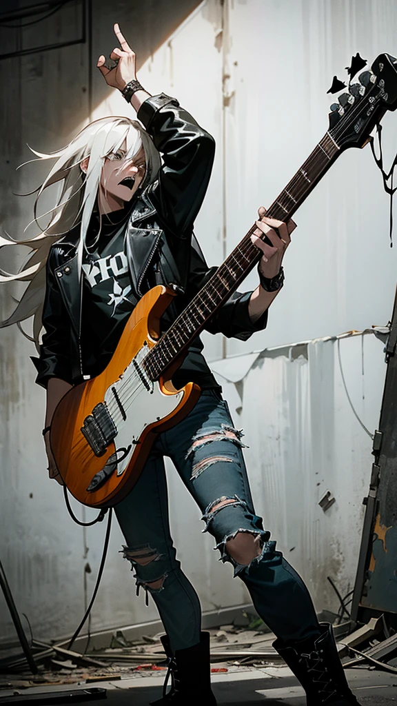 Capture a badass metal guy rocking out on his electric guitar in an abandoned building. He's dressed in classic metal attire—black leather jacket, band t-shirt, ripped jeans, and combat boots, with long hair and intense expression. The setting is a dilapidated, graffiti-covered building with broken windows and exposed brickwork, creating a gritty and raw atmosphere. The contrast between his powerful performance and the decayed surroundings should highlight the rebellious and unrestrained spirit of metal music."

