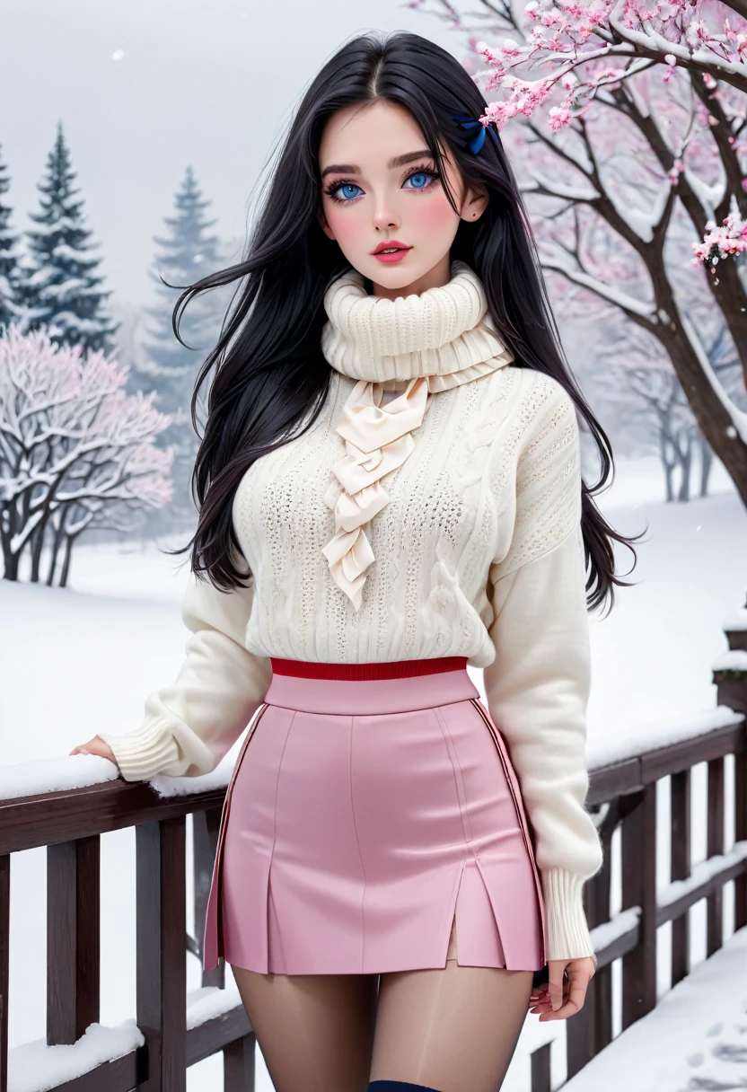 (best quality,8k,hyperrealistic,extremely detailed,photorealistic:1.37),beautiful detailed eyes,beautiful detailed lips,extremely detailed face and features,long eyelashes,slender woman,perfect long legs,full body shot,tiny waist,large bust,standing pose,tight white sweater,black high-waisted leggings,pink and white boots,blue eyes,long black hair tied with a ribbon,tight high-waisted skirt,woolen socks,scarf around neck,snow scene