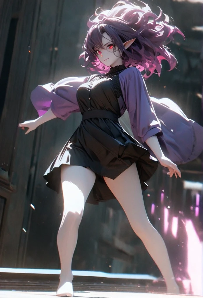(solo), purple hair, messy hair, mane hair, short hair, short hair, dense hair, wild hair, expressive hair, mature,(25 year old), elf ears, pale skin, red eyes, ((femal)), wearing a black dress shirt, wearing a purple jacket,, rolled up sleeves, beautiful, attractive, eye reflection, medium breast, medium ass, smiling, depth of field, purple thunder aura, blue cinematic lighting, purple ray tracing, depth of field, cinematic lighting, purple ray tracing, UHD, high details, best quality, highres, high quality, award winning, super detail, masterpiece, 8k, UHD, high details, best quality, highres, high quality, award winning, super detail, masterpiece, 8k, digital art, anime coloring, full body shot, body shot, In a fighting position, Hand to hand combat, good face, perfect face, detailed face, good eyes, looking towards the screen.