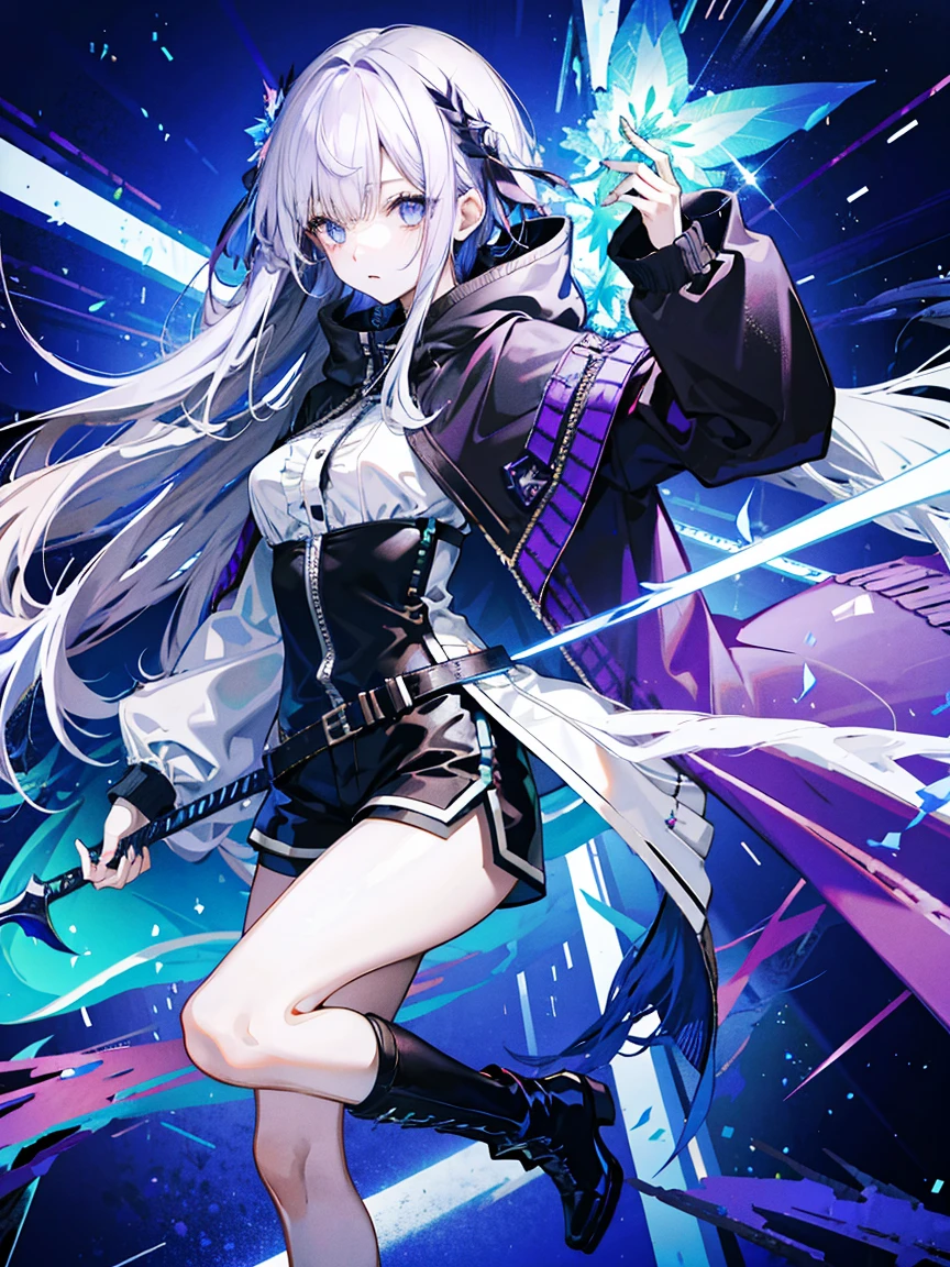 (Fine and beautiful eyes)、long hair,Long, blue-gray hair,Two moleole under the eye,Beautiful purple eyes,Detailed eyes,Detailed face,Large breasts,Black Hoodie、Thin legs,Long black boots、High resolution eyes、Jewel-like eyes、Straight Hair、Minimally revealing clothing、Short, oversized black shorts、Shorts that cover the knees,Extreme Detail、High resolution、Shining Eyes