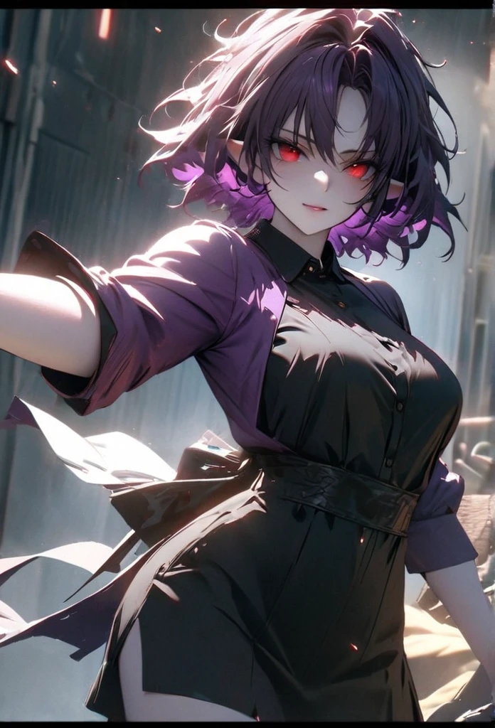 (solo), purple hair, messy hair, mane hair, short hair, short hair, dense hair, wild hair, expressive hair, mature,(25 year old), elf ears, pale skin, red eyes, ((femal)), wearing a black dress shirt, wearing a purple jacket,, rolled up sleeves, beautiful, attractive, eye reflection, medium breast, medium ass, smiling, depth of field, purple thunder aura, blue cinematic lighting, purple ray tracing, depth of field, cinematic lighting, purple ray tracing, UHD, high details, best quality, highres, high quality, award winning, super detail, masterpiece, 8k, UHD, high details, best quality, highres, high quality, award winning, super detail, masterpiece, 8k, digital art, anime coloring, full body shot, body shot, In a fighting position, Hand to hand combat, good face, perfect face, detailed face, good eyes, looking towards the screen.