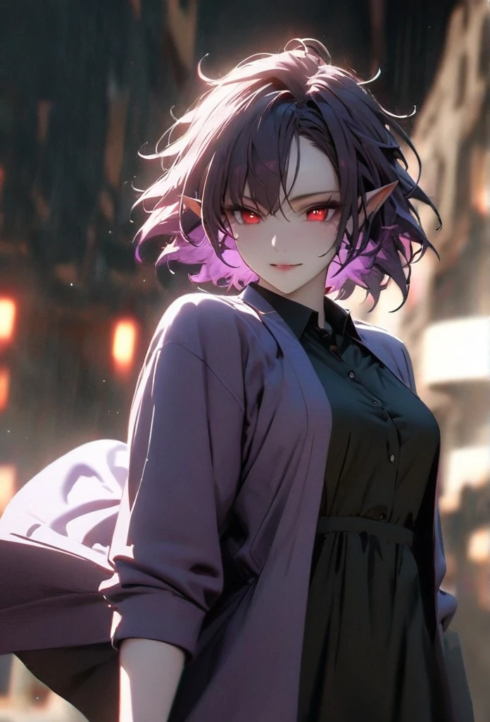 (solo), purple hair, messy hair, mane hair, short hair, short hair, dense hair, wild hair, expressive hair, mature,(25 year old), elf ears, pale skin, red eyes, ((femal)), wearing a black dress shirt, wearing a purple jacket,, rolled up sleeves, beautiful, attractive, eye reflection, medium breast, medium ass, smiling, depth of field, purple thunder aura, blue cinematic lighting, purple ray tracing, depth of field, cinematic lighting, purple ray tracing, UHD, high details, best quality, highres, high quality, award winning, super detail, masterpiece, 8k, UHD, high details, best quality, highres, high quality, award winning, super detail, masterpiece, 8k, digital art, anime coloring, full body shot, body shot, In a fighting position, Hand to hand combat, good face, perfect face, detailed face, good eyes, looking towards the screen.