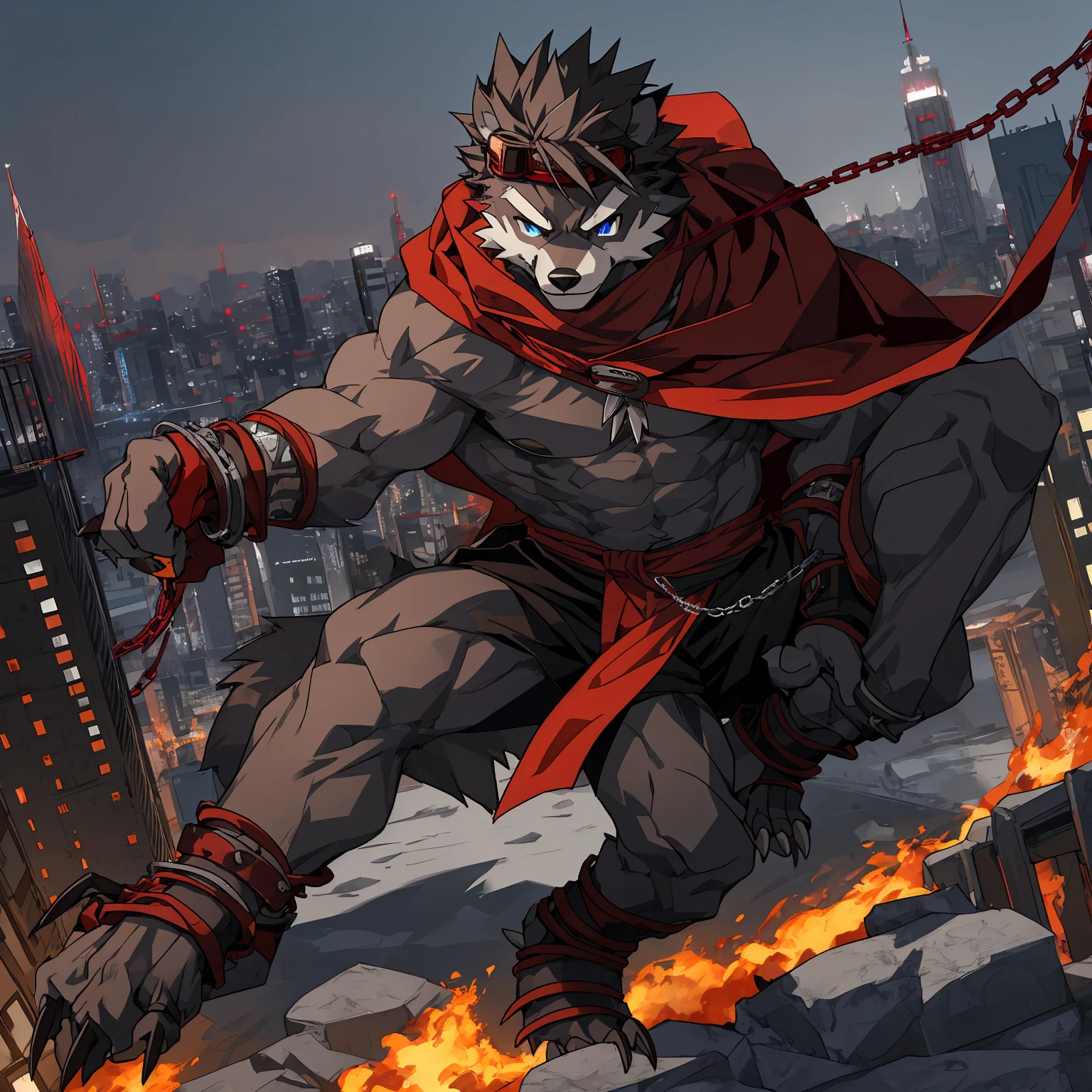 a furry young man, 1 boy, raccoon, greying hair, brown spiky hair on head, detailed fur, red scarf, blue eyes, goggles, chain tether, black sash, red cloak, masterpiece, grey body fur, extremely detailed face, thick eyebrows, extremely detailed eyes, detailed figure, no muscles, cityscape background, extremely detailed hands, thin lanky build, bony, extremely detailed claws, high resolution, metal cuffs on wrists, metal cuffs on ankles