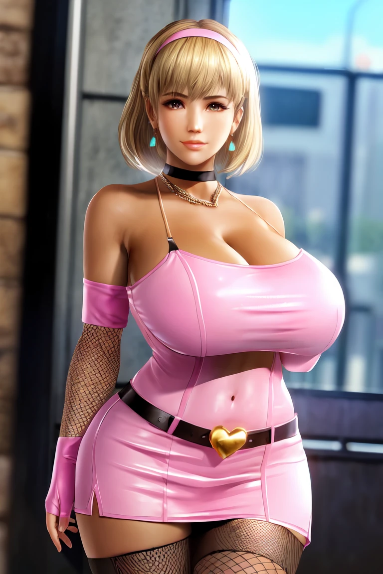 (1girl), mature female, gigantic breast, (huge breasts:1.2), cleavage, navel, (thick thighs), wide hips, (tan), very dark skin, 
hitomi, short hair, headband, long eyelashes, makeup, (blonde hair:1.2), 
tight, skin tight, heavy breathing, open clothes, waist cutout, bodycon, microdress, (pink dress), cleavage, thighs, pink latex, shiny clothes, fishnet thighhighs, looking at viewer,  bare shoulders, elbow gloves, belt choker, bracelet, earrings, jewelry, golden chain, heart shape, oily skin,