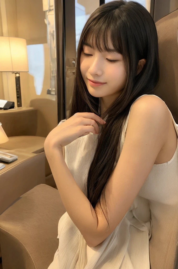 ((eyes closed)),luxury hotel,blind woman,((full body)),((photo)),((best qualtiy, 8K, tmasterpiece:1.3)), Focus:1.2, perfect figure beautiful girl:1.4,1girl,cowboy shot,look at viewer, eyes facing the camera,incredibly absurd, beautiful and cute girl with a photorealistic face, showcasing top-quality craftsmanship, Japanese girl standing in a hotel lobby, 17 years old, long black hair, straight hair, straight bangs cut above the eyes, fair skin, eyes always closed due to blindness, long eyelashes, naturally shaped eyebrows, small nose, straight nose bridge, thin lips, natural complexion, long neck, delicate, glamorous, small butt, small hands, rounded nails, delicate wrists, beautiful C-cup breasts, wearing a natural beige dress that reaches the knees and has a loose silhouette, beautiful girl, soothing, pretty older sister, gentle, kind, natural, October