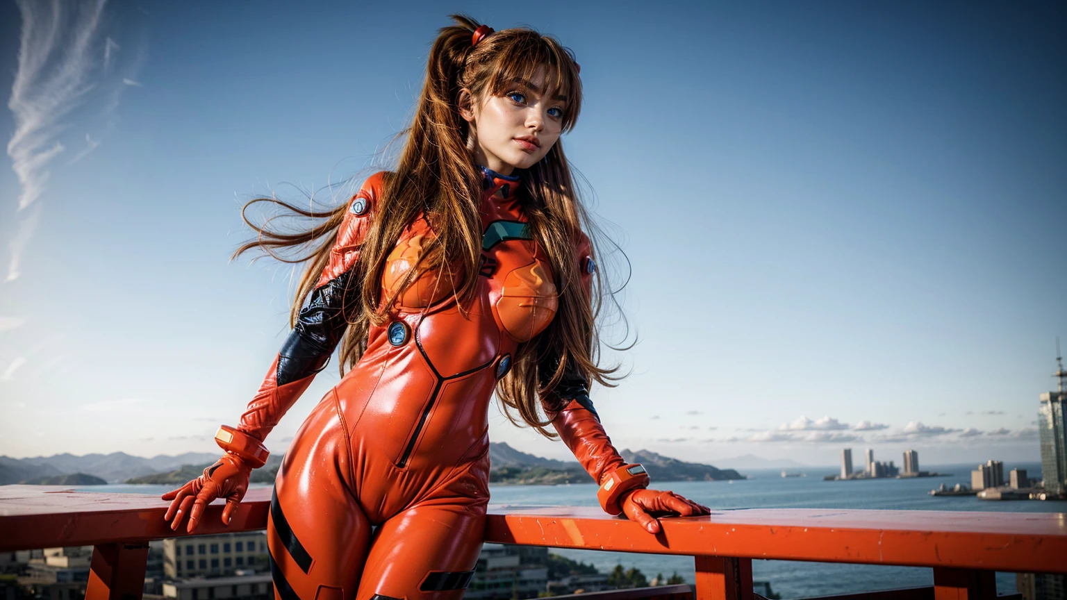 highest quality, table top, realistic, photorealistic, 1 girl, alone, looking at the viewer, whole body, Are standing, long hair, asuka costume, , plug suit, body suit, hair ornaments,  background,highest quality、Ultra - High resolution、8k、smile,perfect body,(Lie:1.3),
