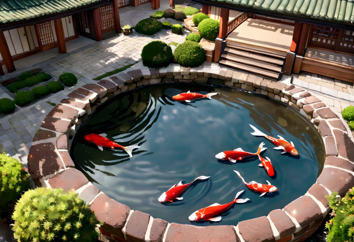 Aerial view, Outdoor koi pond surrounded by zen garden with a brick bench in the middle and brick bridges