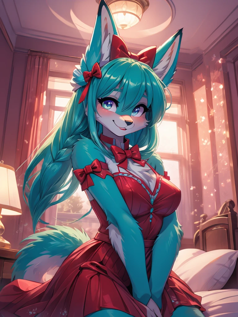 Miku Hatsune x vixen, aqua body add_detail:1 primer plano High Definition, coquette, hands together, ecstatic face, High Definition, purple iris, add_detail:1, full body add_detail:1, sensual body add_detail:1, big purple bow on her head add_detail:1, in hotel room in bedd add_detail:1, red gift bow wraps your body
