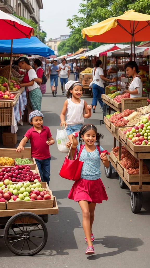 very realistic portrait, a busy traditional market with traders selling their wares, a cute little is running while carrying a balloon, making the fruit seller laugh when she almost hits a pile of apples