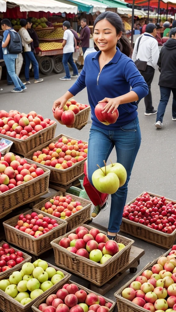 very realistic portrait, a busy traditional market with traders selling their wares, a cute little is running while carrying a balloon, making the fruit seller laugh when she almost hits a pile of apples