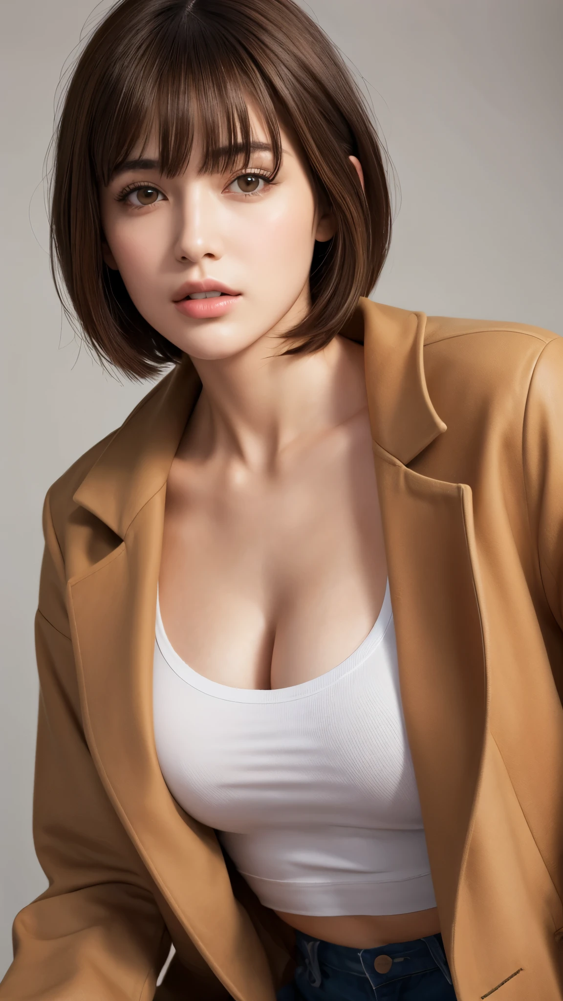 T-Shirts, coat, , (Realistic:1.4), (Highest quality:1.0), (Ultra-high resolution:1.0), 8K, RAW Photos, (masterpiece:0.2), , Did G, One girl, Detailed skin, View your viewers, Brown eyes, (Short hair with bangs:1.2), (Large Breasts:1.0), (Large areola:0.8), , (Purelos Face_v1:0.5)