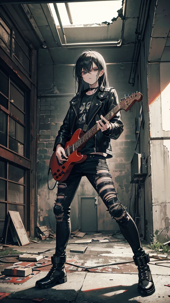Capture a badass metal guy rocking out on his electric guitar in an abandoned building. He's dressed in classic metal attire—black leather jacket, band t-shirt, ripped jeans, and combat boots, with long hair and intense expression. The setting is a dilapidated, graffiti-covered building with broken windows and exposed brickwork, creating a gritty and raw atmosphere. The contrast between his powerful performance and the decayed surroundings should highlight the rebellious and unrestrained spirit of metal music."