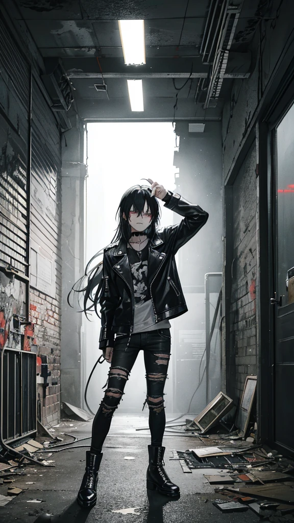 Capture a badass metal guy rocking out on his electric guitar in an abandoned building. He's dressed in classic metal attire—black leather jacket, band t-shirt, ripped jeans, and combat boots, with long hair and intense expression. The setting is a dilapidated, graffiti-covered building with broken windows and exposed brickwork, creating a gritty and raw atmosphere. The contrast between his powerful performance and the decayed surroundings should highlight the rebellious and unrestrained spirit of metal music."