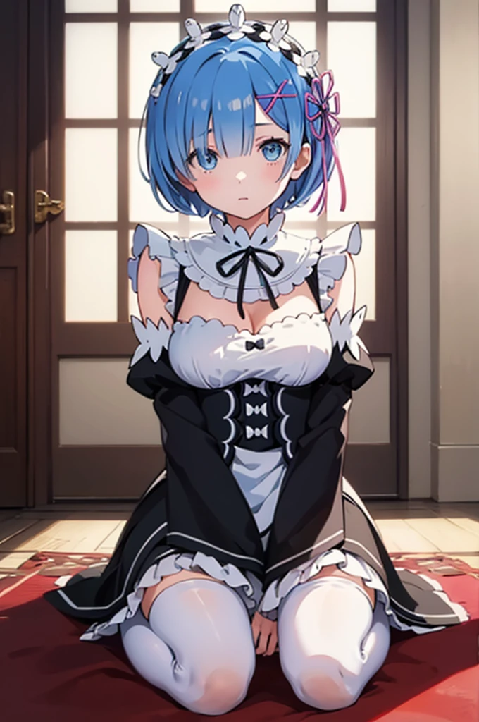 masterpiece, best quality, high resolution, best illustration, super fine illustration, (official art:0.7), (anime screencap:0.8), detailed beautiful face and eyes, anime keyvisual, (perfect anatomy:1.1), 
1girl,
rem, 
rem \(re:zero\),
short hair, 
blue hair, 
(blue eyes:1.2), (beatiful detailed eyes:1.2), 
maid headdress,  ribbon, x hair ornament, 
large breasts, 
maid uniform, detached sleeves, white tights, cold Shoulder,
blush, 
looking at viewer, 
cowboy shot, 
natural light, background of indoor, wariza,