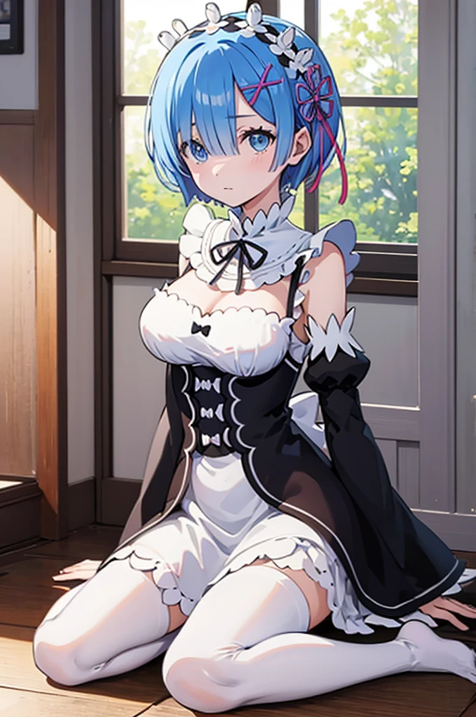 masterpiece, best quality, high resolution, best illustration, super fine illustration, (official art:0.7), (anime screencap:0.8), detailed beautiful face and eyes, anime keyvisual, (perfect anatomy:1.1), 
1girl,
rem, 
rem \(re:zero\),
short hair, 
blue hair, 
(blue eyes:1.2), (beatiful detailed eyes:1.2), 
maid headdress,  ribbon, x hair ornament, 
large breasts, 
maid uniform, detached sleeves, white tights, cold Shoulder,
blush, 
looking at viewer, 
cowboy shot, 
natural light, background of indoor, wariza,