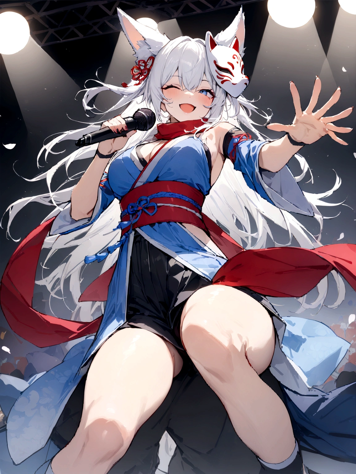 solo、shout、studio、recording、smile、Wink、microphoneを持ってshout、Enthusiastic singing、Visible valley、口を大きく開けshout、Sing a song、microphone、(masterpiece, best quality:1.2), 1girl, 独奏,Wolf girl, fox mask, ninja, girl, long white hair, odd eyes, blue kimono, ninja girl, red and blue scarf, fantastic atmosphere.night、Singing on stage、microphoneを持ってshout、、Aside exposure、Black fox mask、Shining Spotlight