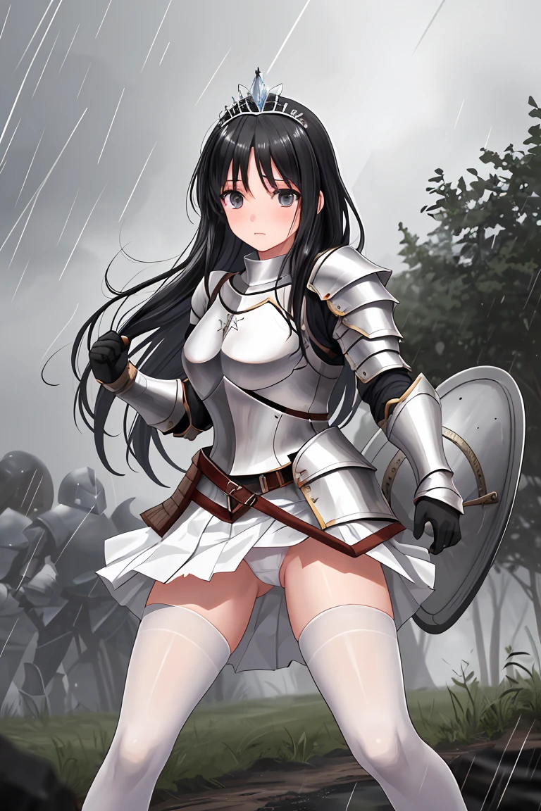 female knight armor Torn white skirt Torn white tights White underwear Black Hair Shortcuts battlefield heavy rain tiara In combat