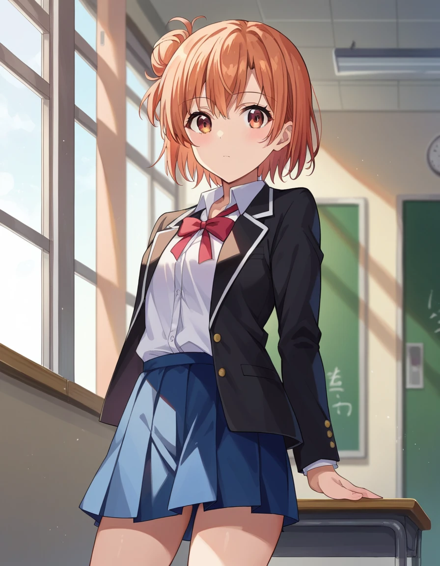 score_9, score_8_up, score_7_up, source_anime,
yuiyuigahama, yui yuigahama, short hair, brown eyes, orange hair, hair bun, single hair bun,
skirt, shirt, ribbon, , jacket, white shirt, black jacket, blazer, sobu high ,
indoors, classroom, hallway,
looking at viewer, dutch angle, cowboy shot,