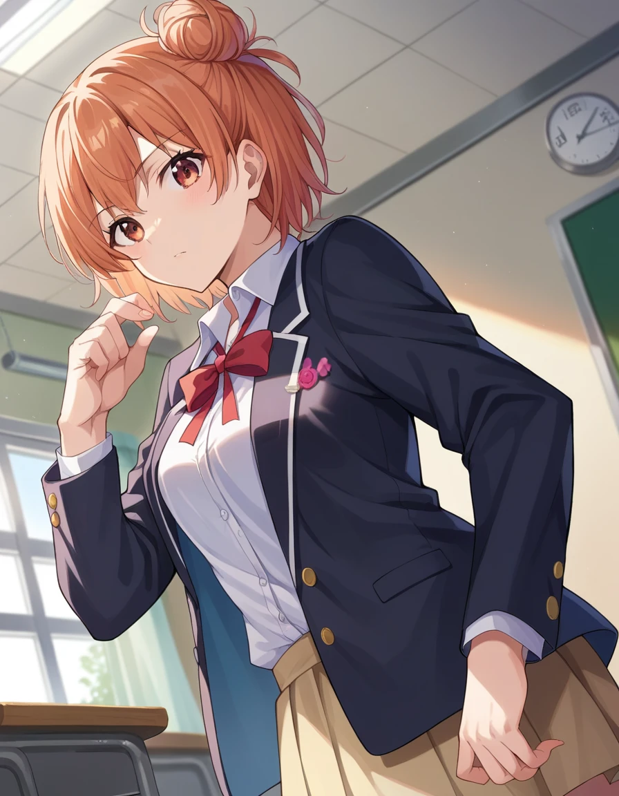 score_9, score_8_up, score_7_up, source_anime,
yuiyuigahama, yui yuigahama, short hair, brown eyes, orange hair, hair bun, single hair bun,
skirt, shirt, ribbon, , jacket, white shirt, black jacket, blazer, sobu high ,
indoors, classroom, hallway,
looking at viewer, dutch angle, cowboy shot,