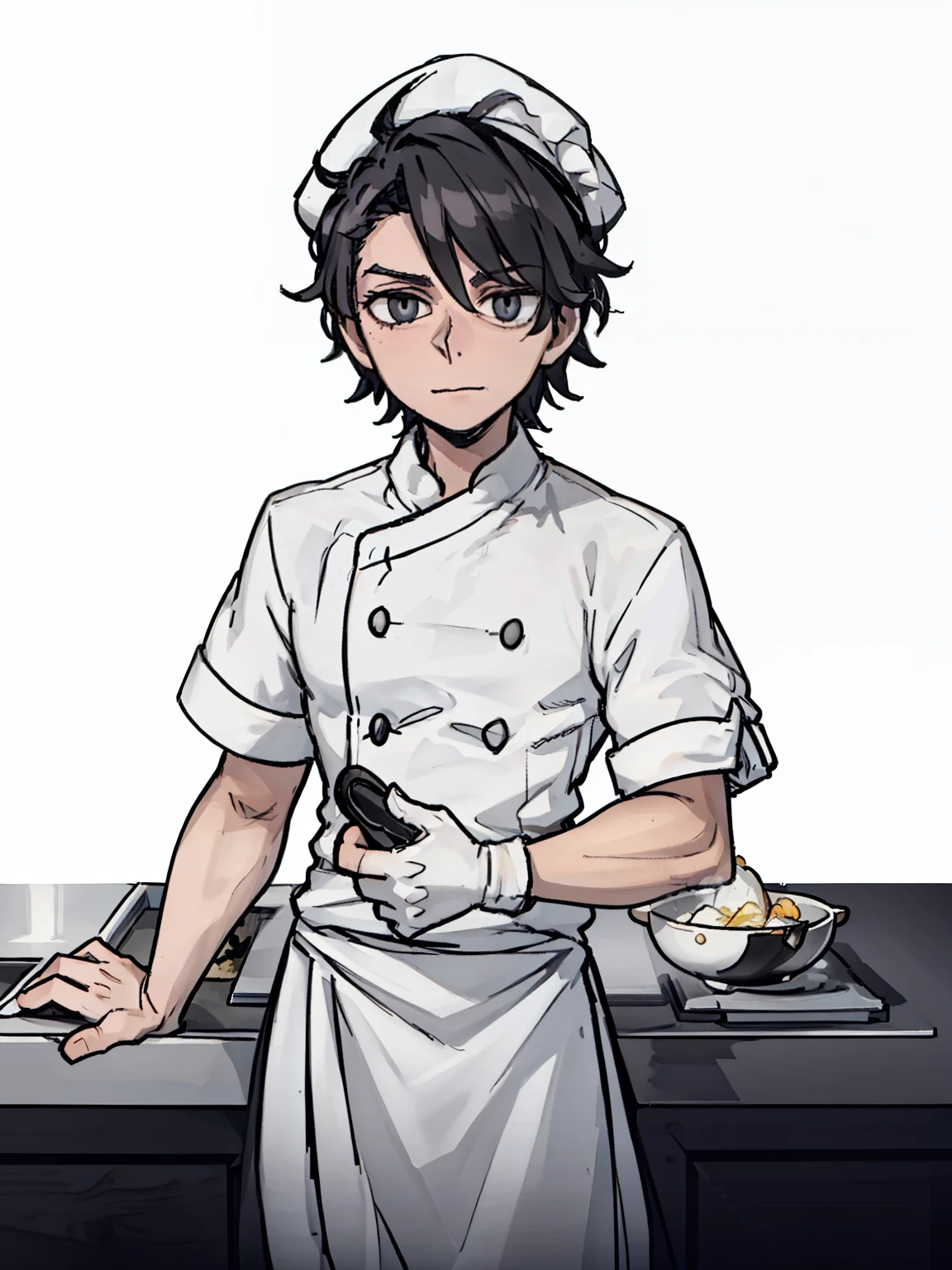 A male chef,front,((Half Body),(Black short hair,White clothes,White chef's hat)),Bow your head,Put your hands down,Solid color background,White background