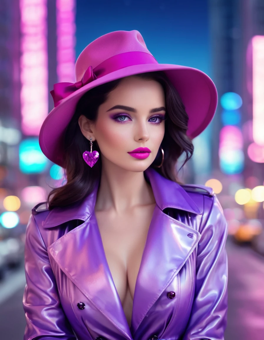 an elegant woman with a confident and stylish appearance. She has wavy, shoulder-length dark hair with purple highlights, and is wearing a vibrant pink wide-brimmed hat adorned with a bow. Her makeup is flawless, with bold eye makeup and pink lipstick. She is dressed in a sleek, shiny purple trench coat over a black lace corset top. Her accessories include large heart-shaped earrings and a matching heart-shaped pendant necklace with blue gemstones. The background is a vibrant cityscape at night, with tall buildings illuminated by neon lights and a deep blue, starry sky. There are soft glowing particles in the air, adding to the magical and futuristic ambiance of the scene. Hyper realistic photo, 16k, vibrant colors