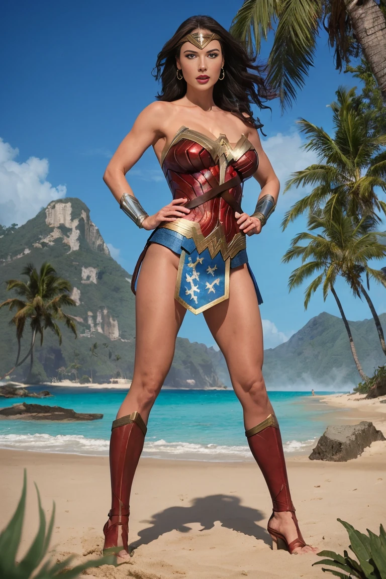 full body sexy beauty muscular archaeologist woman alis Wonder Woman, tall muscular, black long straight hair, blue eyes, red lips, Wonder Woman costume, wonder woman in combat position on the beach of a tropical island, lush vegetation, palm trees, bushes, ancient ruined city in the distance, fog, blurred shadows, photorealistic,