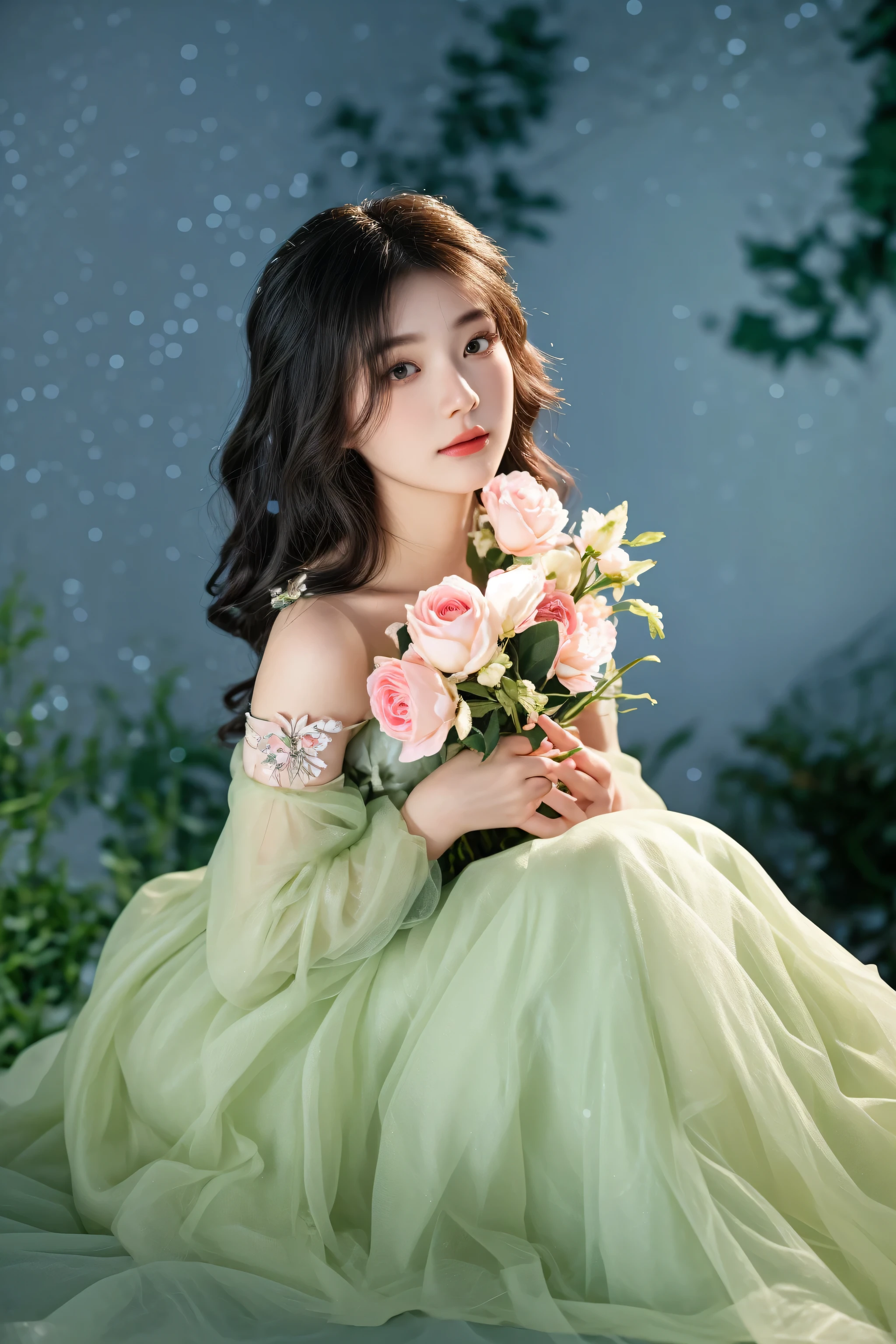 there is a woman in a green dress holding a bouquet of flowers, ethereal beauty, with flowers, lady with glowing flowers dress, lovely woman, fantasy photoshoot, ethereal fairytale, ethereal and dreamy, beautiful young korean woman, with frozen flowers around her, beautiful adult fairy, gorgeous young korean woman, lovely and cute, dreamy and ethereal, a stunning young ethereal figure