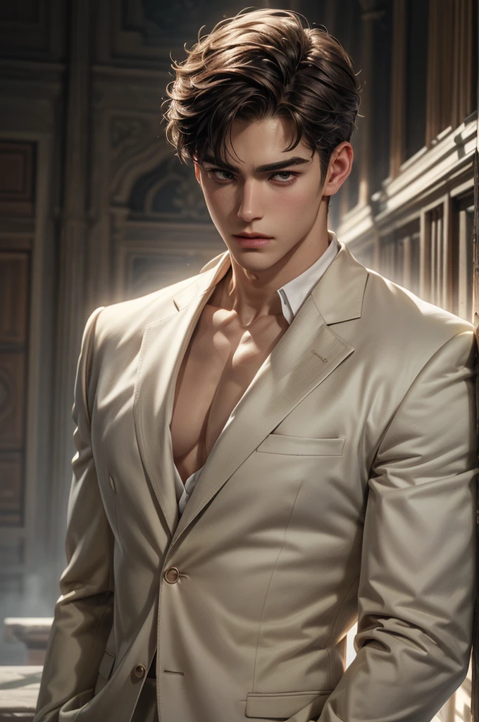 ((Best quality)), ((masterpiece)), (detailed), ((perfect face)), ((halfbody)) handsome face, male, teen boy, perfect proportions, character masculine manhwa, ((brown light)) short hair, ((brown)) eyes, male version, ((white)) prince clothes, ((white)) suit, body in good shape, serious expression, head up, looking down, arrogant look, ((white)) castle detailed background, ((white)) castle detailed scenery background