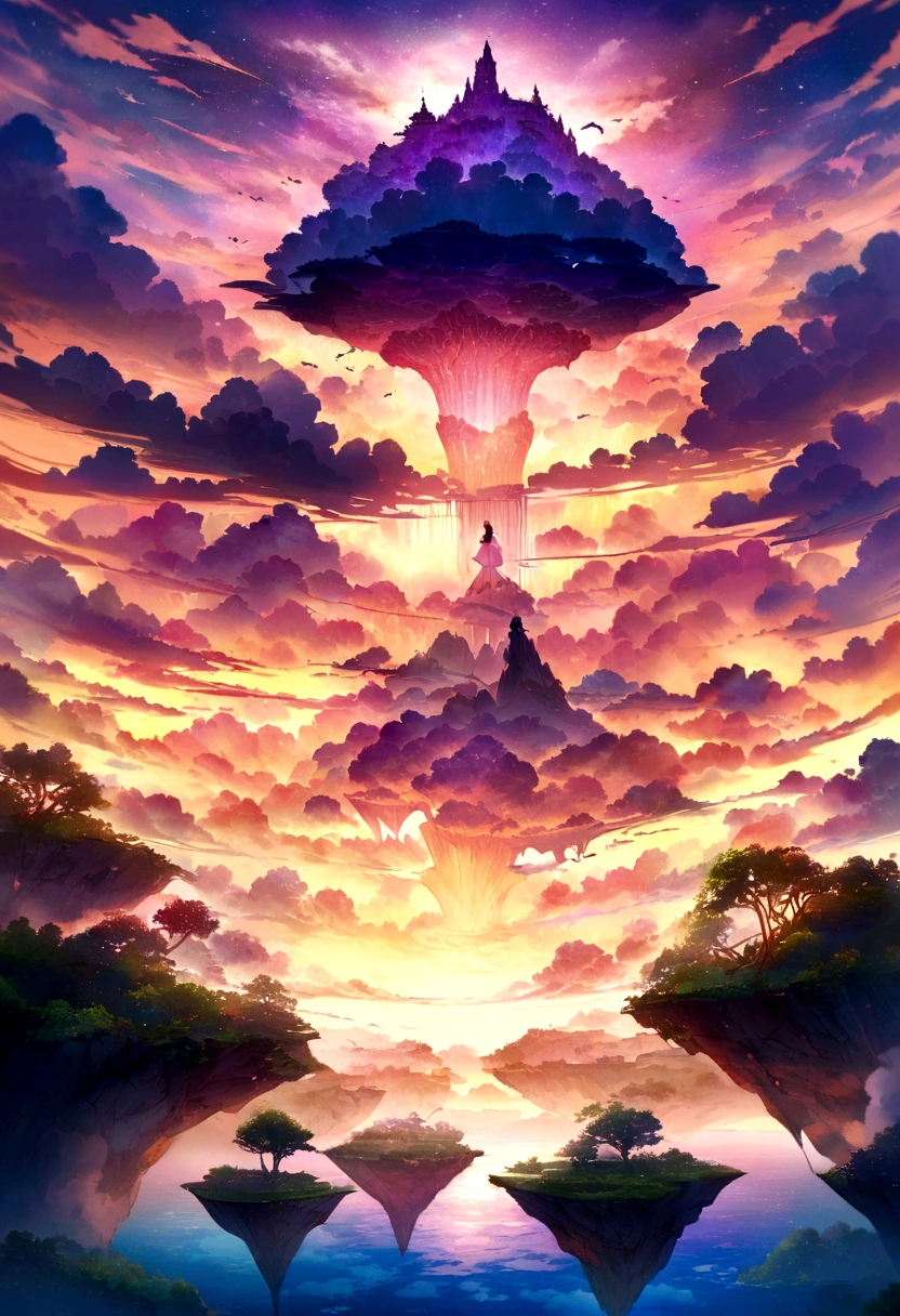 Create an anime-style image of a stunning cloudscape viewed from above. In the foreground, depict a young person with short hair, standing on a floating island. They are wearing a light jacket and jeans, with a backpack slung over one shoulder. The person is looking out at the vast expanse of clouds, with a sense of awe and adventure.
The middle ground should show several floating islands of various sizes, each covered in lush greenery and small, colorful flowers. Some islands have tall, ancient trees with sprawling roots and branches that reach toward the sky. Birds are flying between the islands, adding a sense of movement and life to the scene. The background should feature a breathtaking sky filled with towering cumulus clouds, illuminated by the warm hues of a setting sun. The clouds should be a mix of soft oranges, pinks, and purples, creating a dreamy, ethereal atmosphere. The overall mood of the image should be one of wonder and serenity, capturing the beauty and magic of a sky filled with clouds and floating islands.