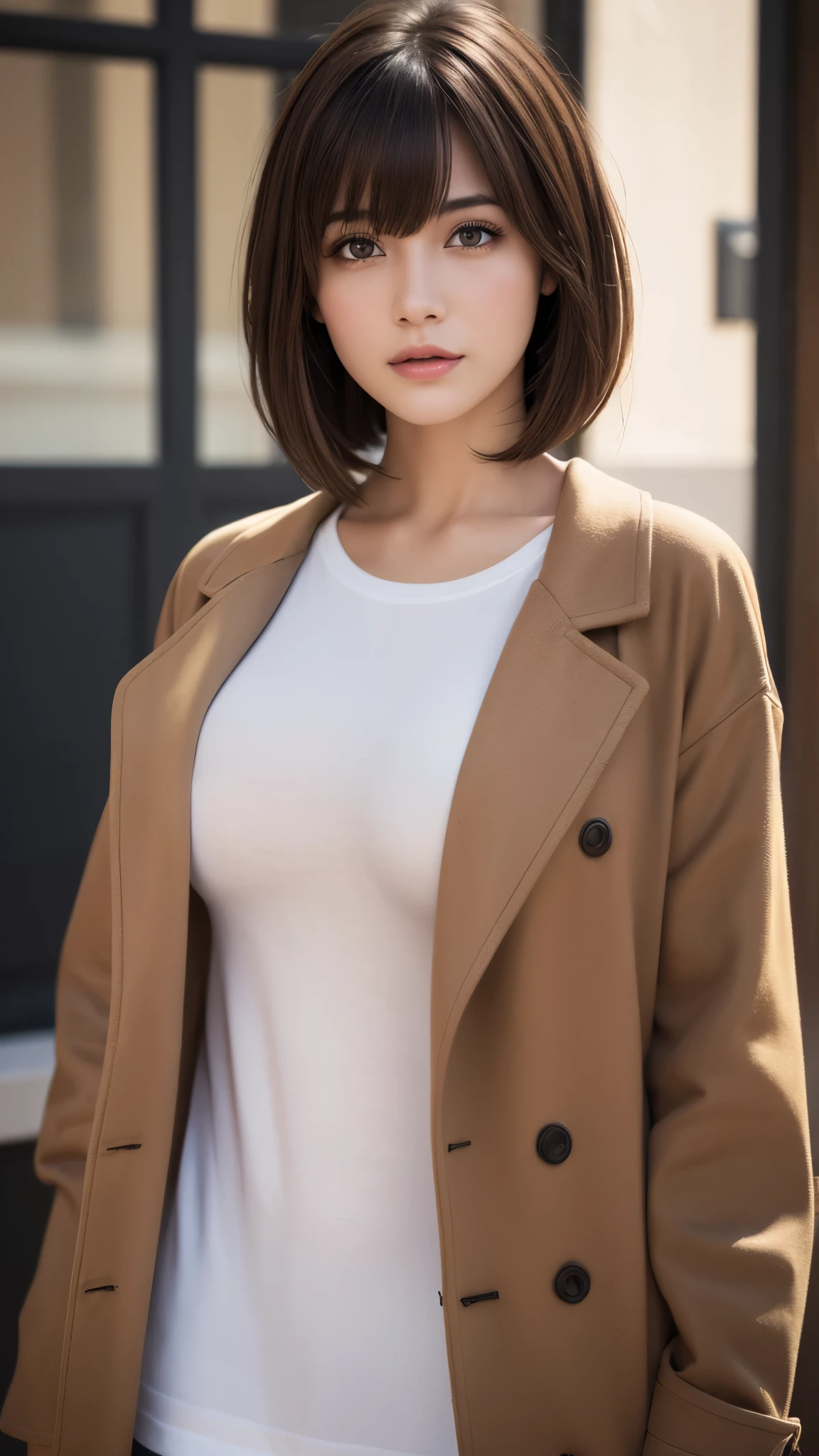 T-Shirts, coat, , (Realistic:1.4), (Highest quality:1.0), (Ultra-high resolution:1.0), 8K, RAW Photos, (masterpiece:0.2), , Did G, One girl, Detailed skin, View your viewers, Brown eyes, (Short hair with bangs:1.2), (Large Breasts:1.0), (Large areola:0.8), , (Purelos Face_v1:0.5)