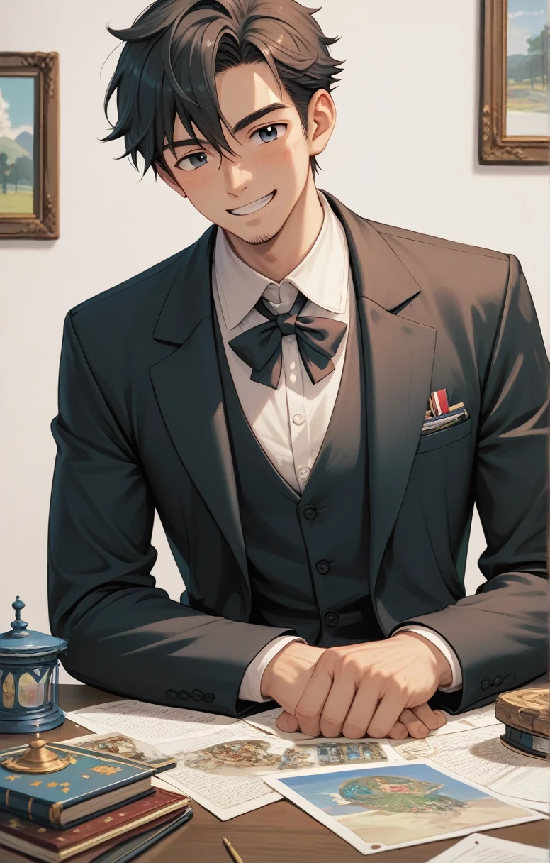 (best picture quality, masterpiece, anime), 1 male, age 40, smile, mysterious, black suit, dandy, 4K, best picture qua