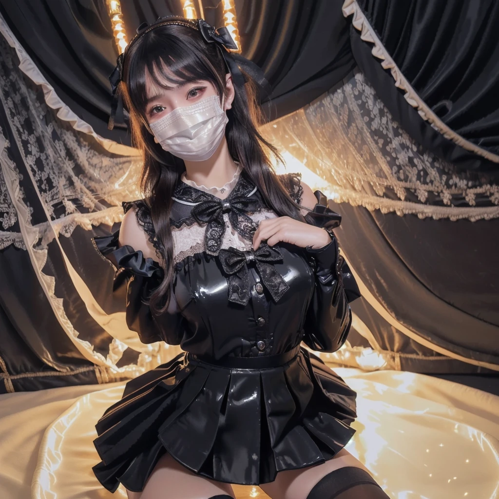 8K resolution, surreal, Super detailed, high quality, perfect anatomy, jammed, (4 girls)++, group shot, perfect proportion, full body, (((shiny satin, shiny latex, jirai fashion, sailor collar, sailor uniform, sailor uniform with many frills, Lace, pleated skirt, micro mini skirt, bow ribbon)))+, (((bleached hair)))+, ((super large breasts)), sitting on bed, (At the bedroom with Chandelier at late night), ((see-through black thighhighs))+, looking at viewer, shiny skin, ((grin, smile, happy)), ((((wearing black face mask))))