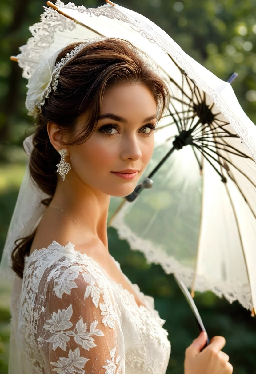 A white parasol in finely crafted lace offers shade to a sublime happy and radiant woman