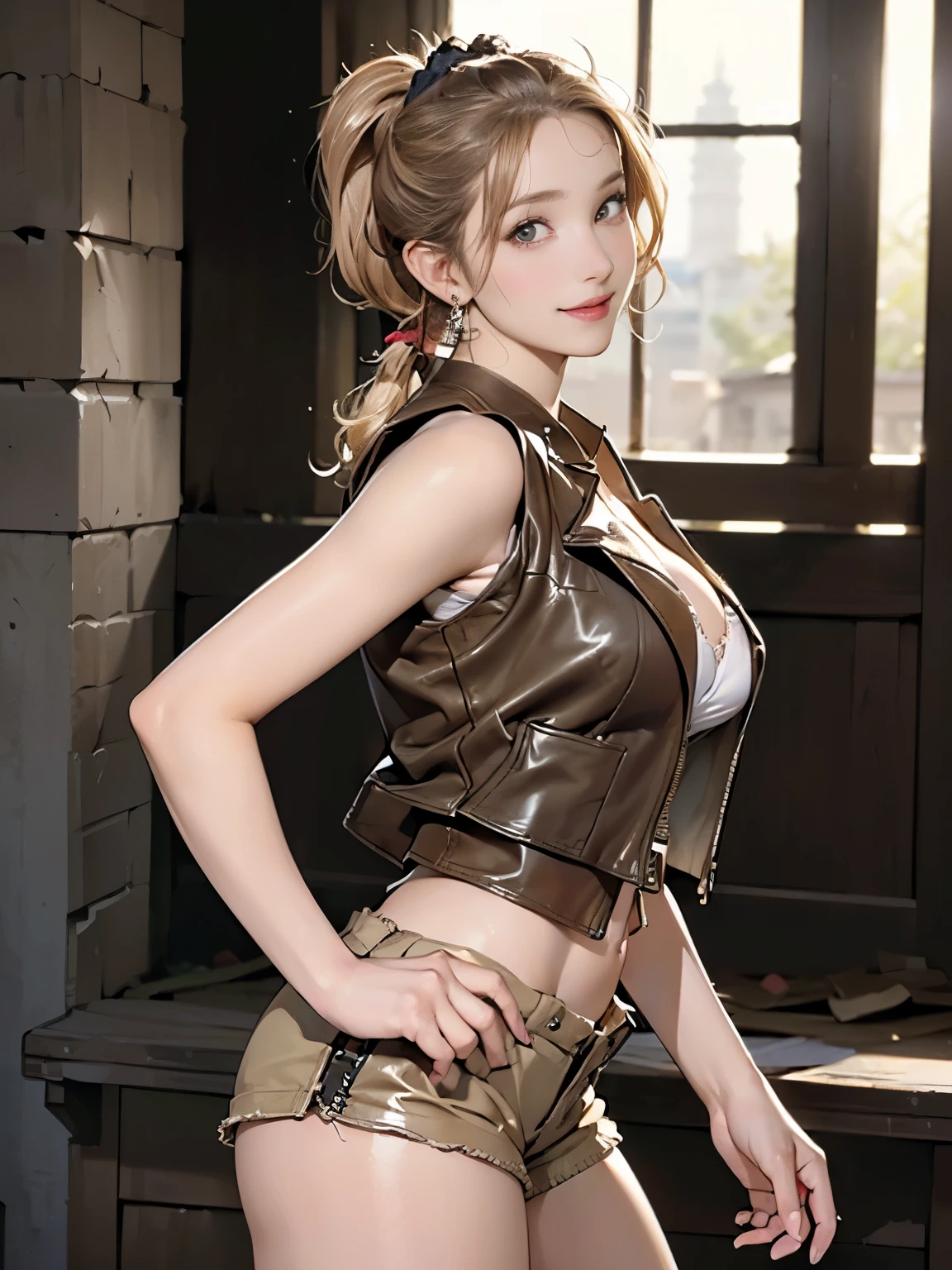 ((((Highest quality))))、(((Ultra-precision CG16K wallpaper)))、(((masterpiece)))、(((Super detailed)))、(((Extreme detail)))、((1Mature 29 year old woman:1.6))、((Very beautiful Japan face of a person))、((Urizane Face:1.8))、((Soft wavy ponytail medium hair:1.8))、((Shiny Blonde:1.5))、A delicately drawn beautiful face、Dark Eyes、double eyelid、High nose、Small nostrils、Small Mouth、Seductive lips、Beautiful breasts、((C cup size breasts))、Cleavage、Beautiful feet、Thin thighs、eight-headed body、Perfect proportions、Perfect Anatomy、Perfect composition、Beautiful detailed shading、Beautiful, natural lighting、Beautiful detail glow、Depth of written boundary、(((High chroma)))、(((Real:1.9)))、((vivid:1.5))、((Beautiful Skin))、((Skin Texture))、((Realな皮膚感))、(((Cowboy Shot:1.6)))、(((front view、shoot from front、front low angle:1.6)))、(((smile:1.3)))、((looking at viewer:1.6))、Bright daylight、Natural light、(((ruins、decaying buildings:1.5)))、(Gravure idol walking pose:1.6)、(((Khaki Leather Vest&Khaki leather low rise shorts:1.6)))、((Scrunchie Ribbon、Chain Necklaces、Wearing earrings:1.5))、((Wearing knee-high boots:1.3))、